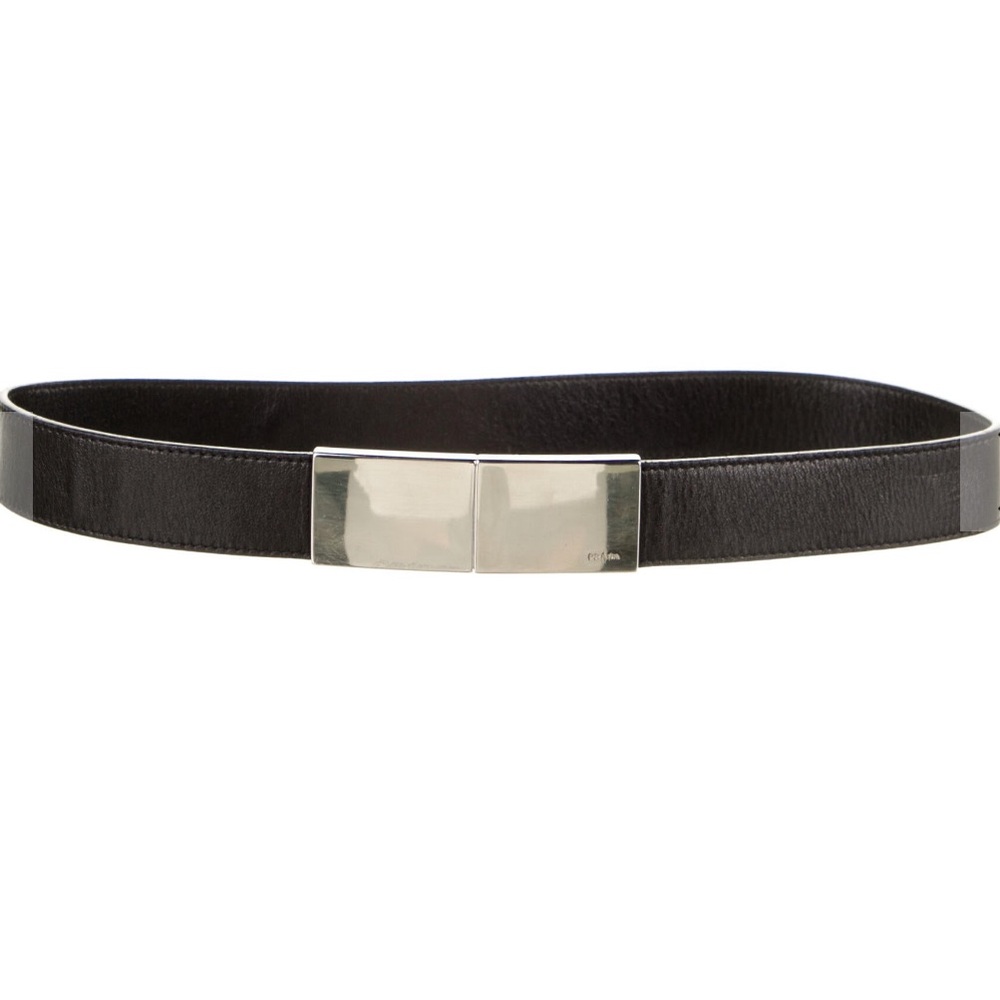 Prada Black Leather Belt with Silver Buckle